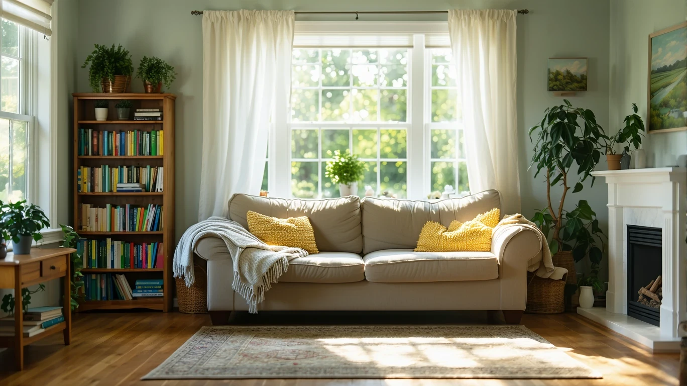 A sunlit living room with a couch, bookshelf, and sheer curtains in a suburban home.