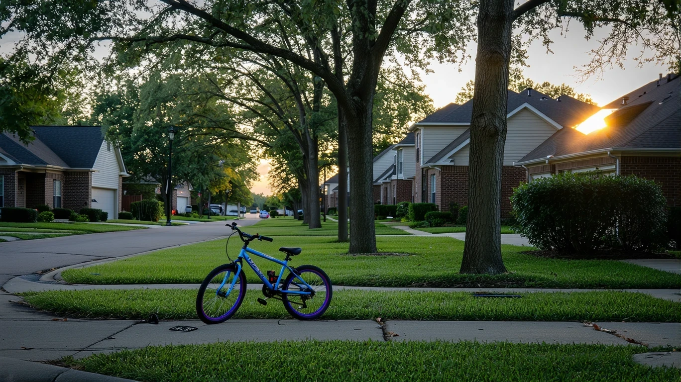 A small suburban cul-de-sac at dusk with porch lights turning on and a child's bicycle near the curb.