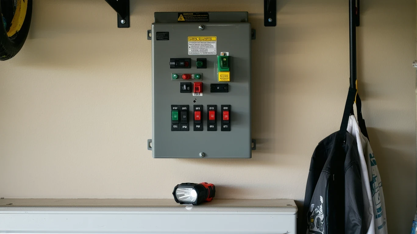 Close-up of a labeled household fuse box illuminated by a flashlight in a tidy garage.