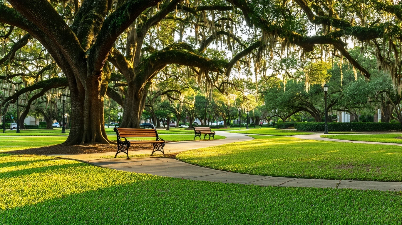 Quiet park lawn beneath old oak trees with empty benches in golden-hour light.