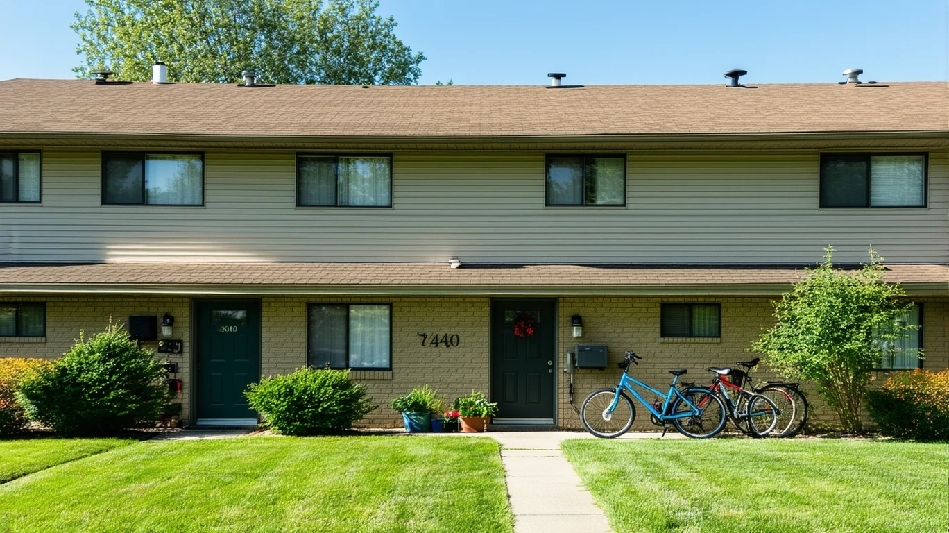 Exterior view of a small tan apartment building with potted plants by the doors and two bicycles leaning on the railing on a sunny day.