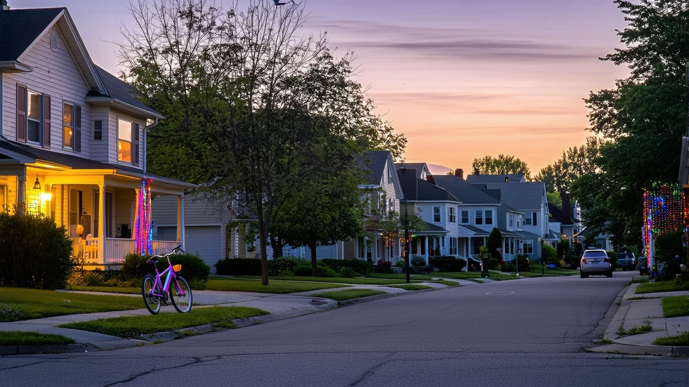 A quiet cul-de-sac with single-family homes at twilight, porch lights turning on, and a child's bike lying on the sidewalk.