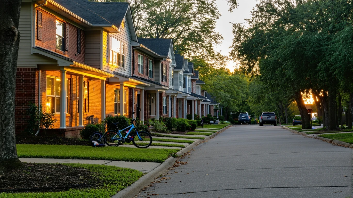 A peaceful cul-de-sac in a Missouri City neighborhood at dusk, with porch lights turning on and a child's bicycle near the curb.