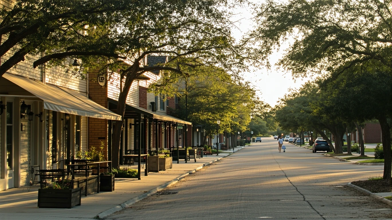 A quiet street in Missouri City, Texas at dusk, showing small local shops beside a residential block with trees and a lone pedestrian.