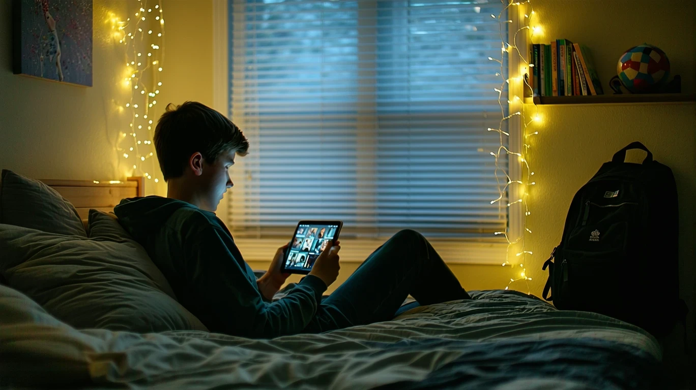 Teenage boy relaxing on bed, face illuminated by tablet in warmly lit bedroom