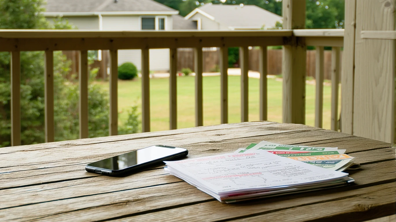 A cluttered table on a porch with a phone, receipt, budget notes, and menus.