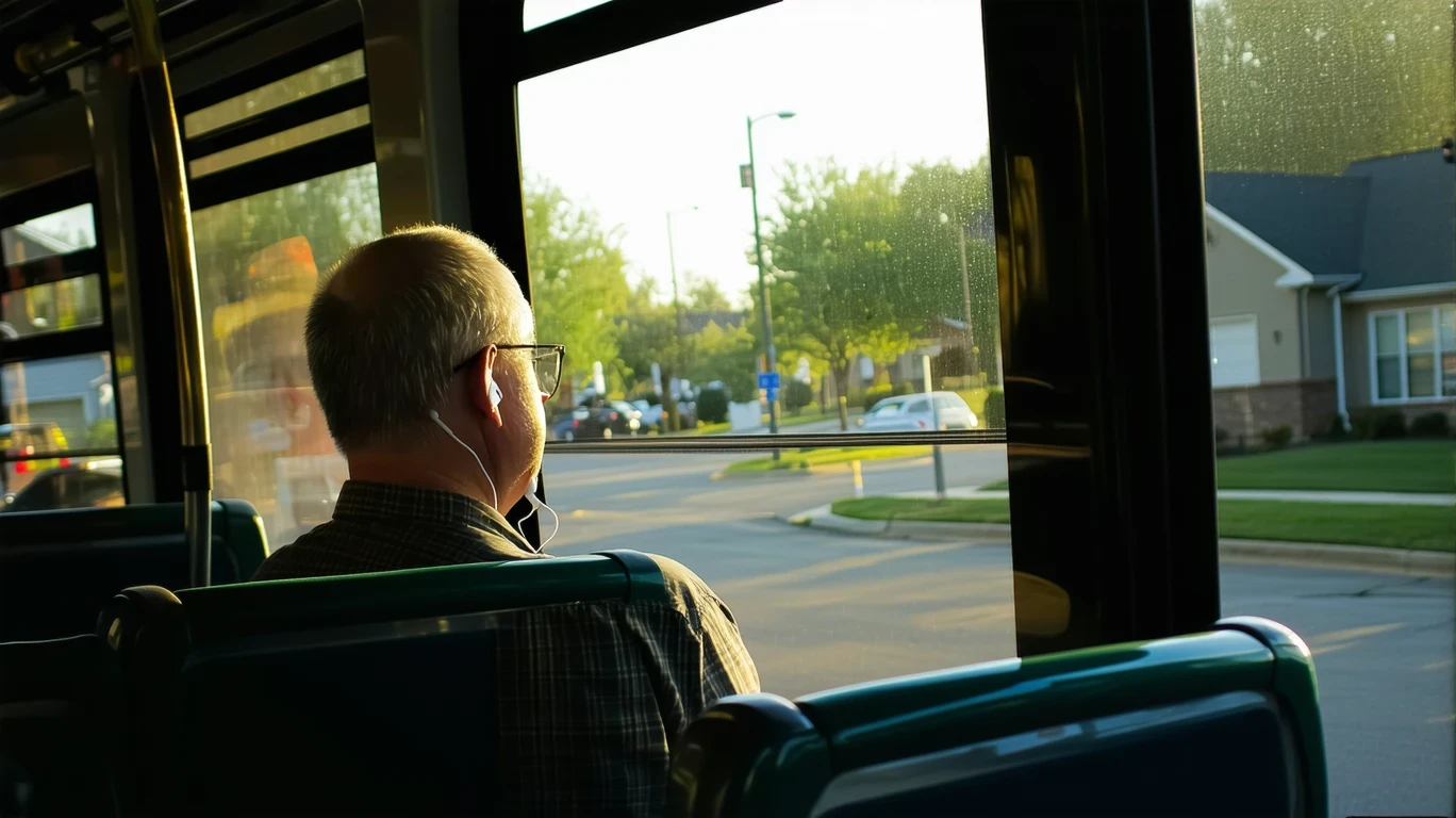 A man sitting on a city bus looking out the window at passing trees and homes in Missouri City, Texas.