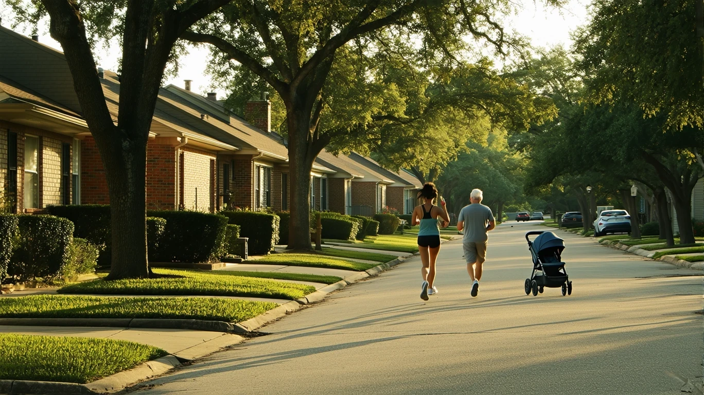 Residential street in Missouri City with one-story homes, trees, and a woman jogging with a stroller.