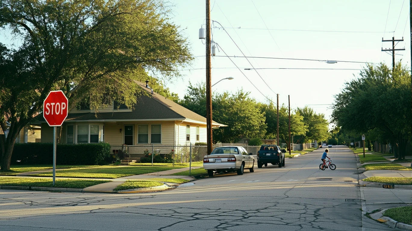 Street corner in a Sugar Land neighborhood with older homes, parked car, utility lines, and father teaching daughter to ride a bike.