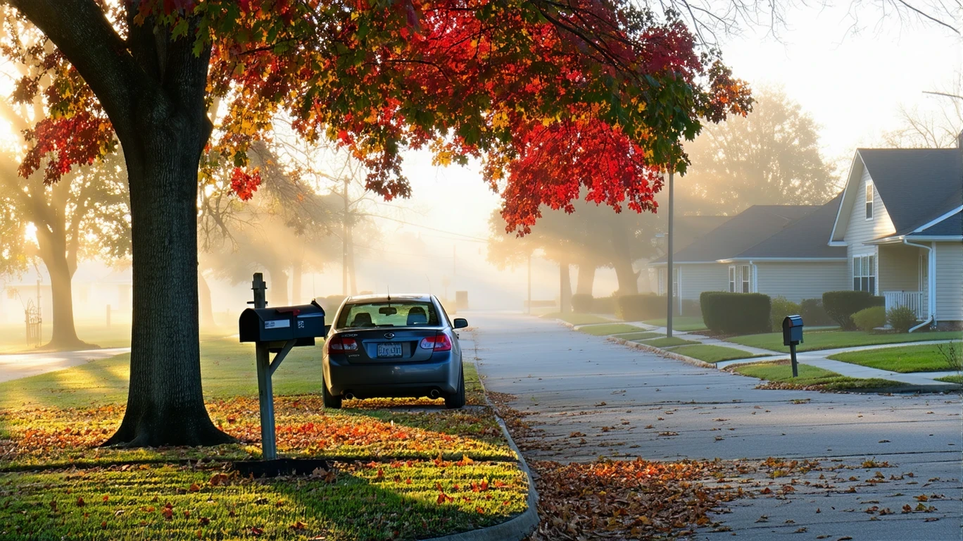 A foggy fall morning on a residential street in Missouri City, Texas with colorful leaves and an old car.