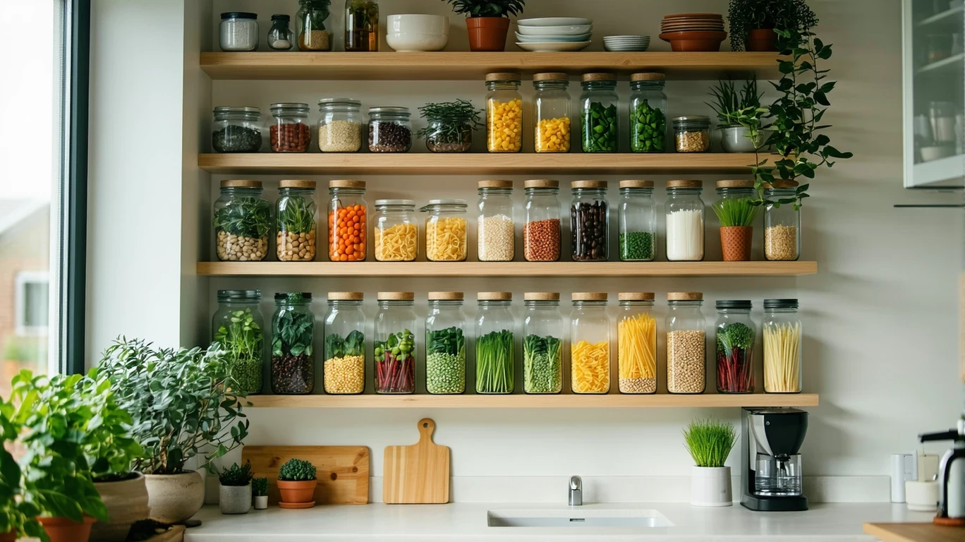 A pantry shelf with jars of beans, pasta, and rice, lit by a kitchen window.
