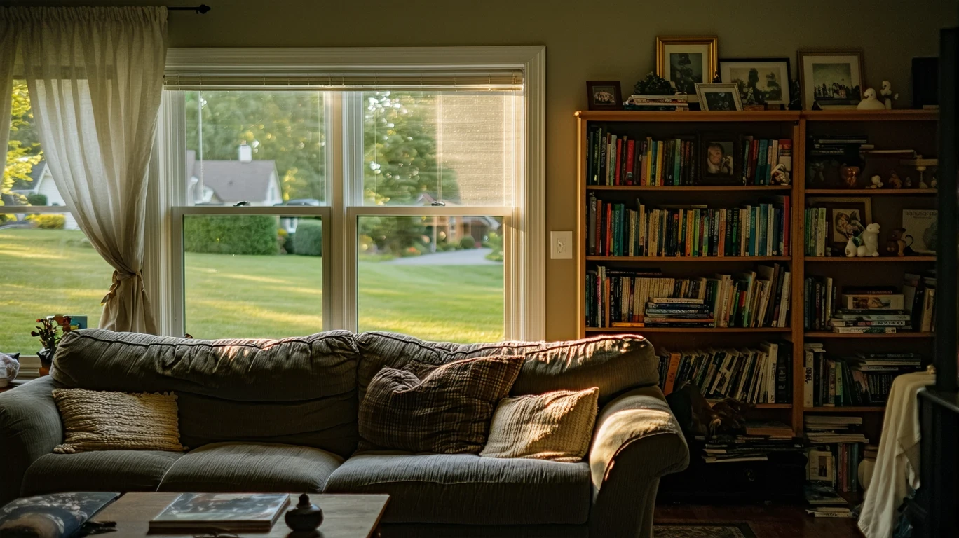 A sunlit living room with a couch and bookshelf in a suburban Mooresville, NC home.