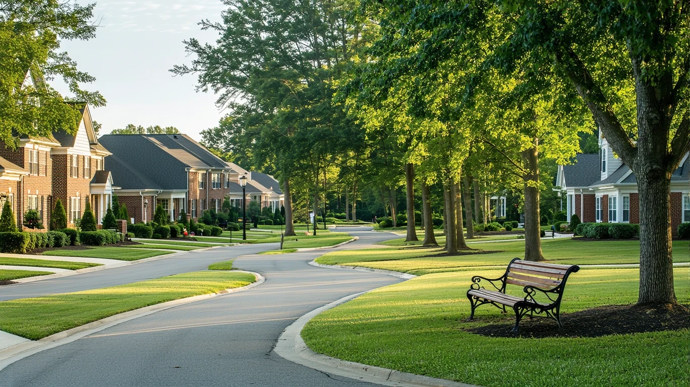 A well-maintained neighborhood park with a path and bench, seen from across a residential street in Mooresville, North Carolina on a pleasant afternoon.