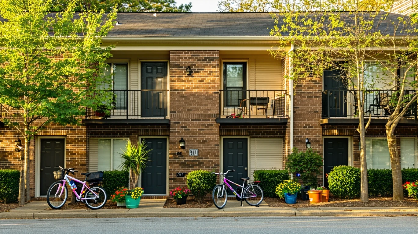 Exterior view of a small brick apartment building in Mooresville, North Carolina with bicycles and potted plants by the doors.