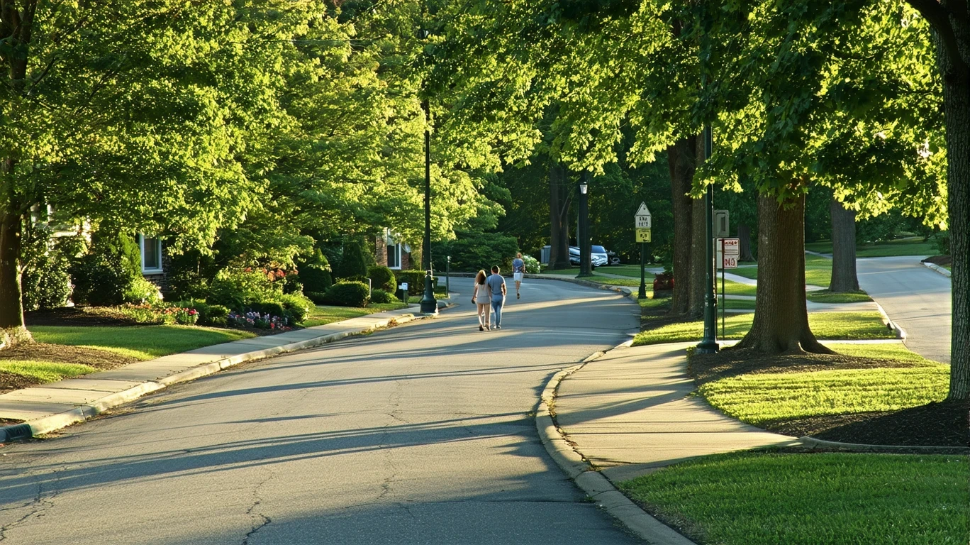 Tree-lined residential street in Gastonia, North Carolina with a sidewalk and glimpses of homes through the leaves.