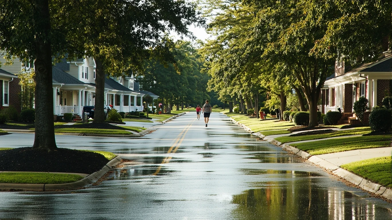 A tree-lined residential street in Mooresville, North Carolina on a sunny day after a rain shower, with reflections of palm trees in puddles.