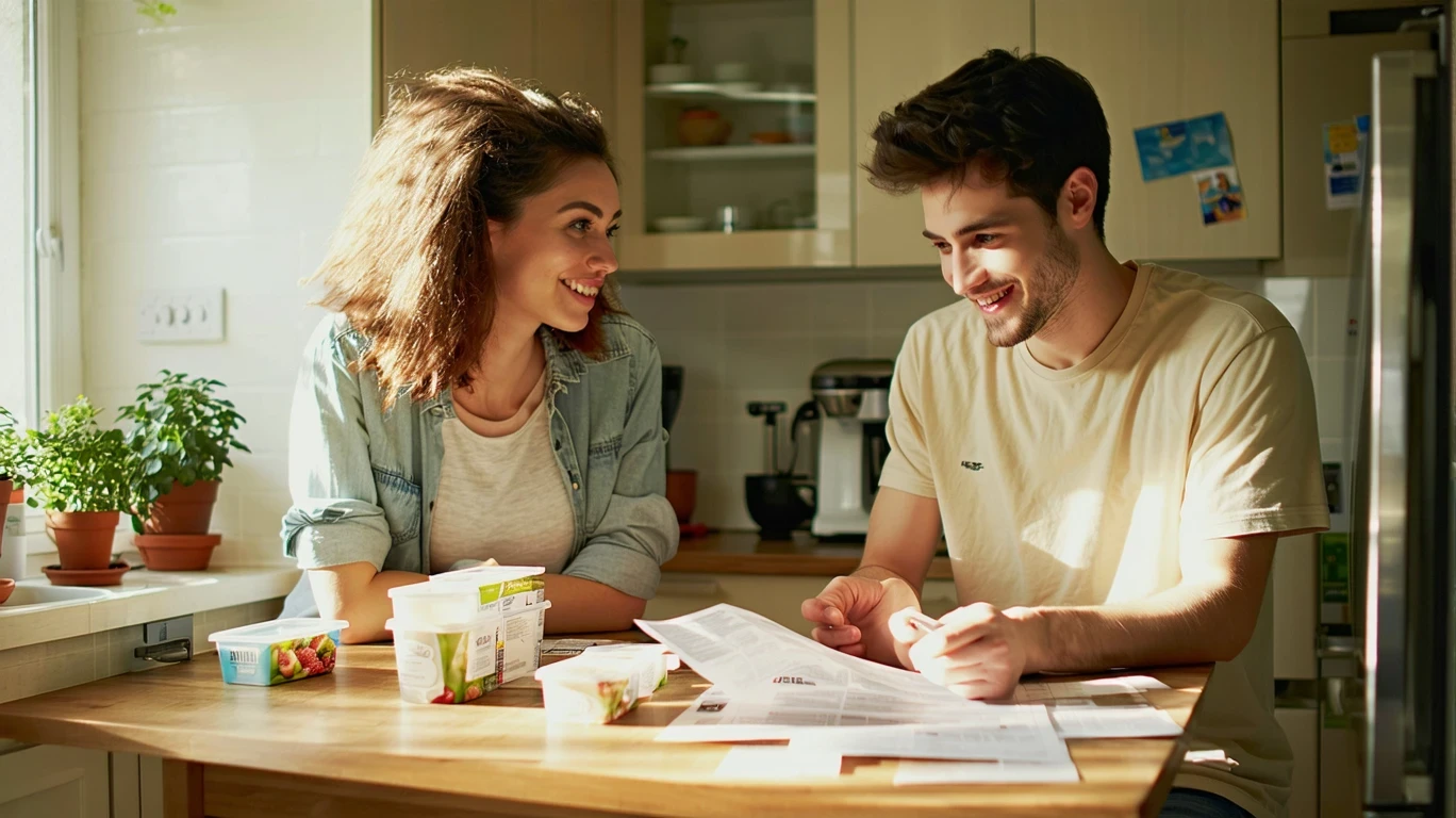 Two roommates reviewing monthly expenses at their kitchen table in a Mooresville apartment.