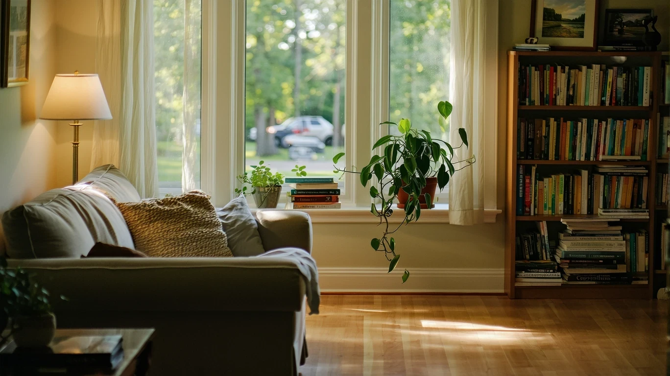 A sunlit living room with a couch, bookshelf, and houseplant in a Mooresville home.