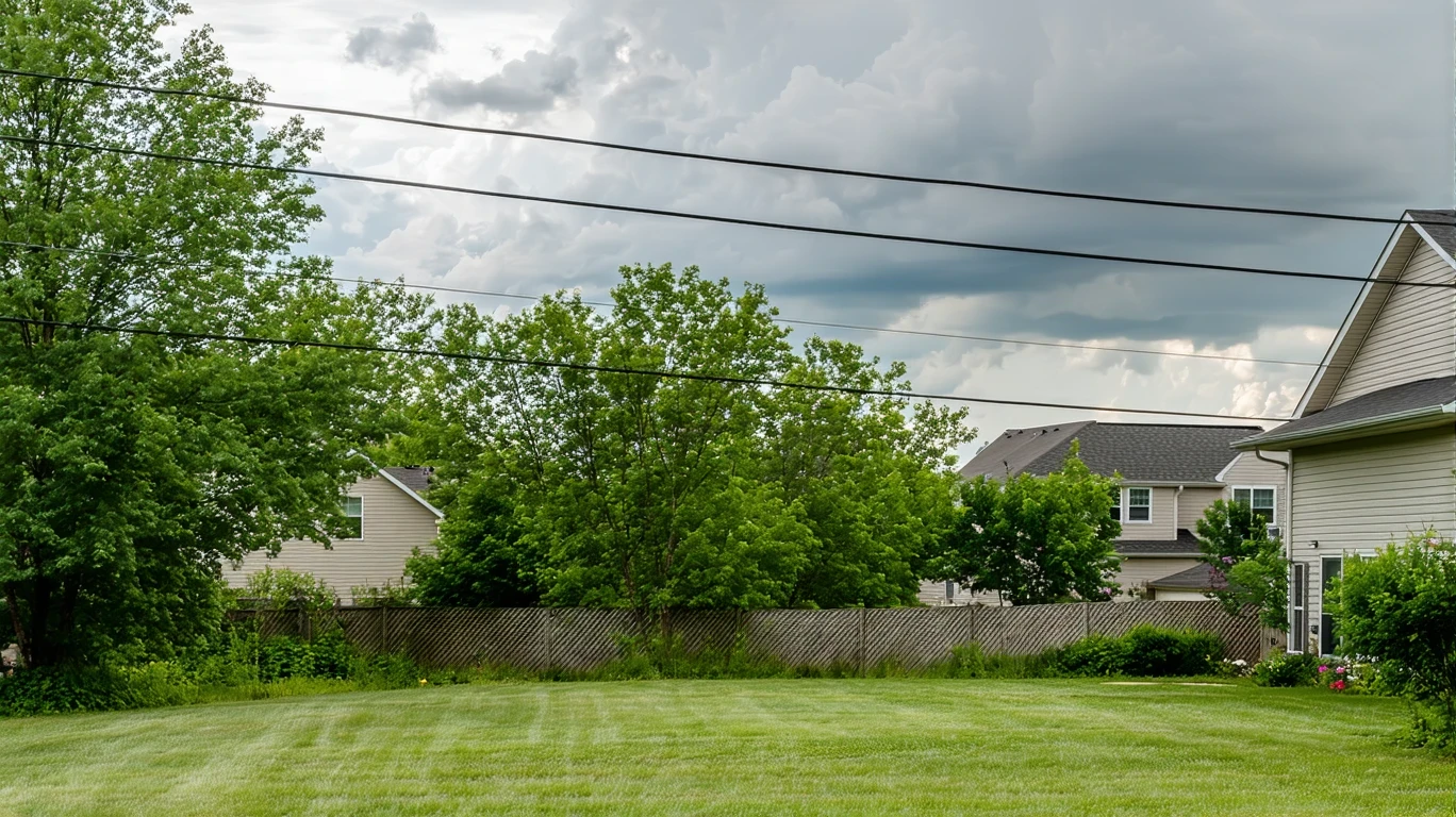 A view of a backyard in Mooresville with overgrown grass, a leaning fence, power lines, and storm clouds.