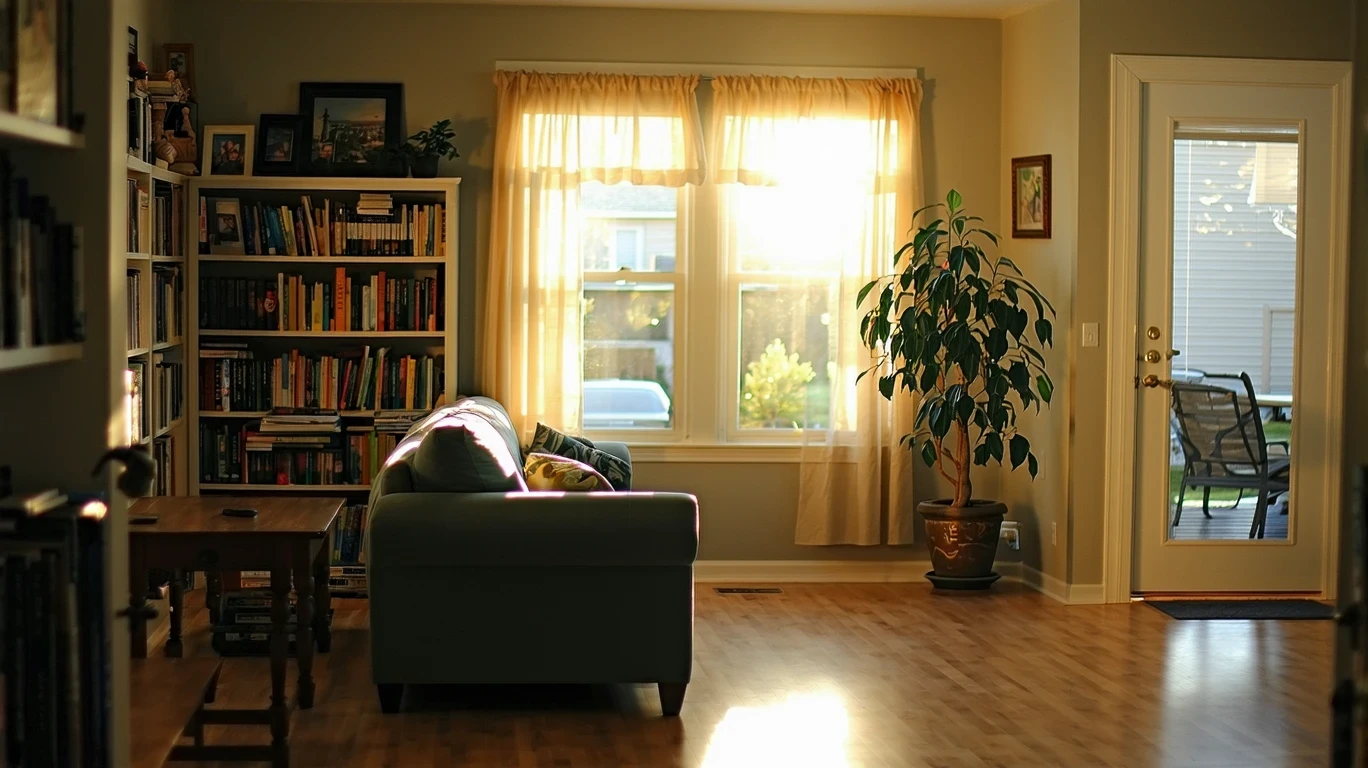 A cozy living room with a couch, bookshelf, and sheer curtains in soft afternoon light.
