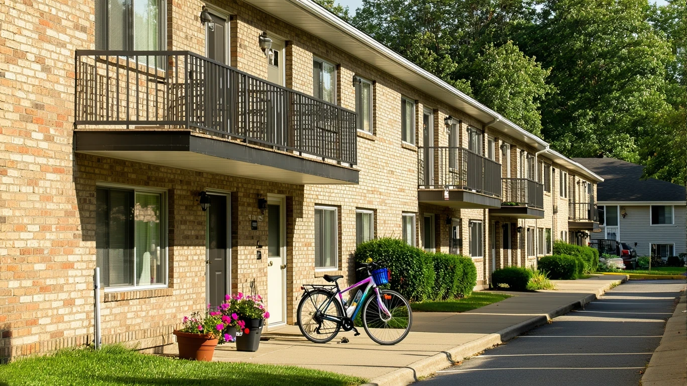 A small brick apartment building with bicycles on the upper railing and potted plants by the shaded doorways.