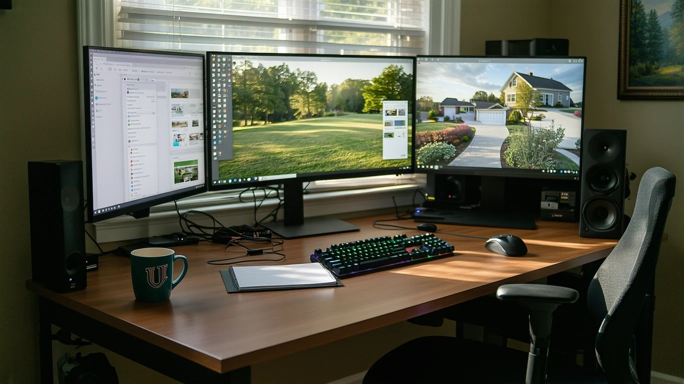 A home office desk with dual monitors and peripheral clutter, lit by afternoon window light.