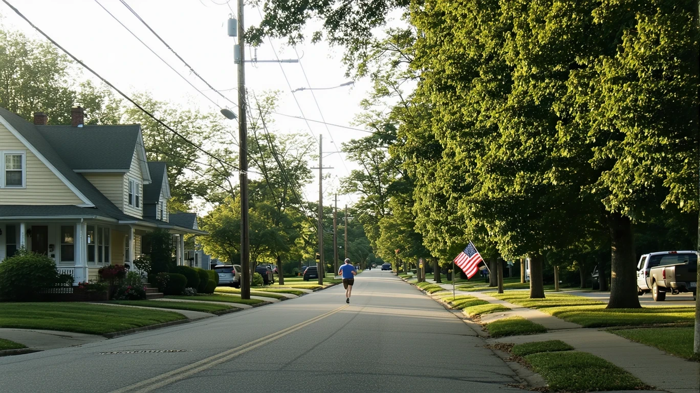 Sunlight filters through maple trees onto a quiet suburban street in Mooresville, North Carolina, with telephone wires overhead and a jogger on the sidewalk.