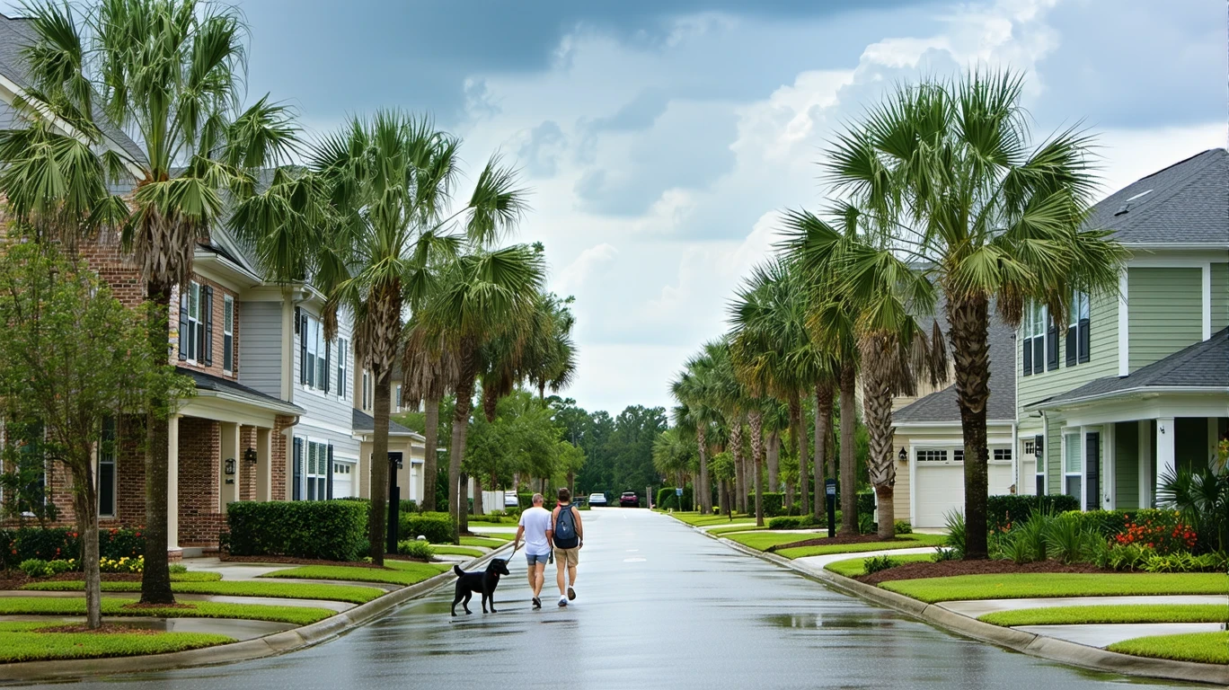 A wide neighborhood street in Charlotte after a rain shower, with palm trees lining the sidewalk and colorful two-story homes reflected in puddles.