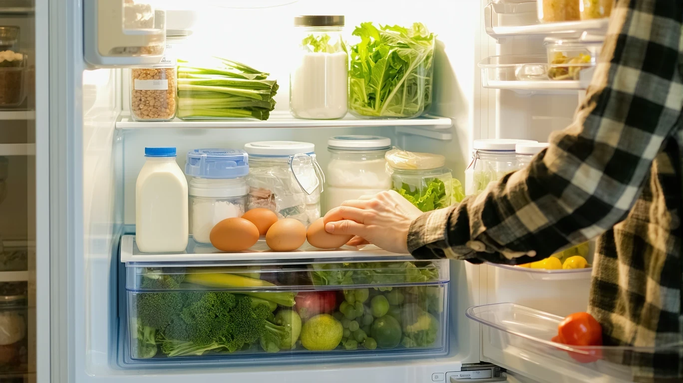 An open refrigerator stocked with groceries in a Mooresville, NC home kitchen.