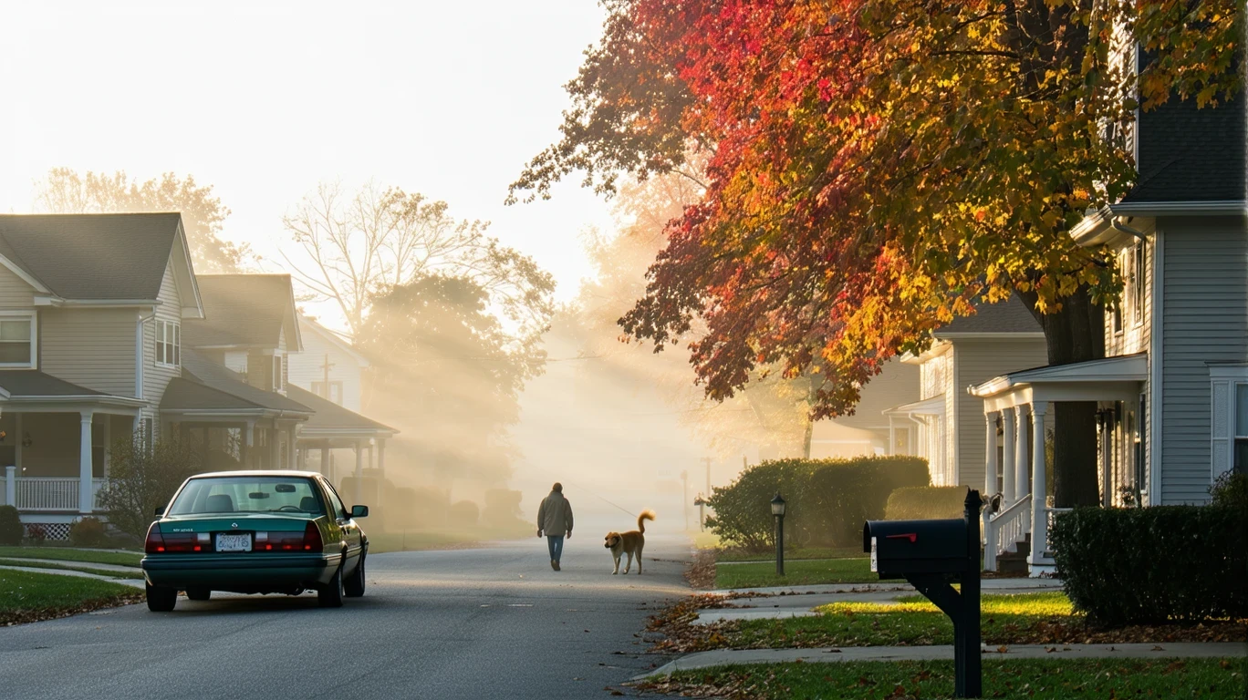A foggy suburban street with mailboxes, a parked car, and a maple tree in fall colors.