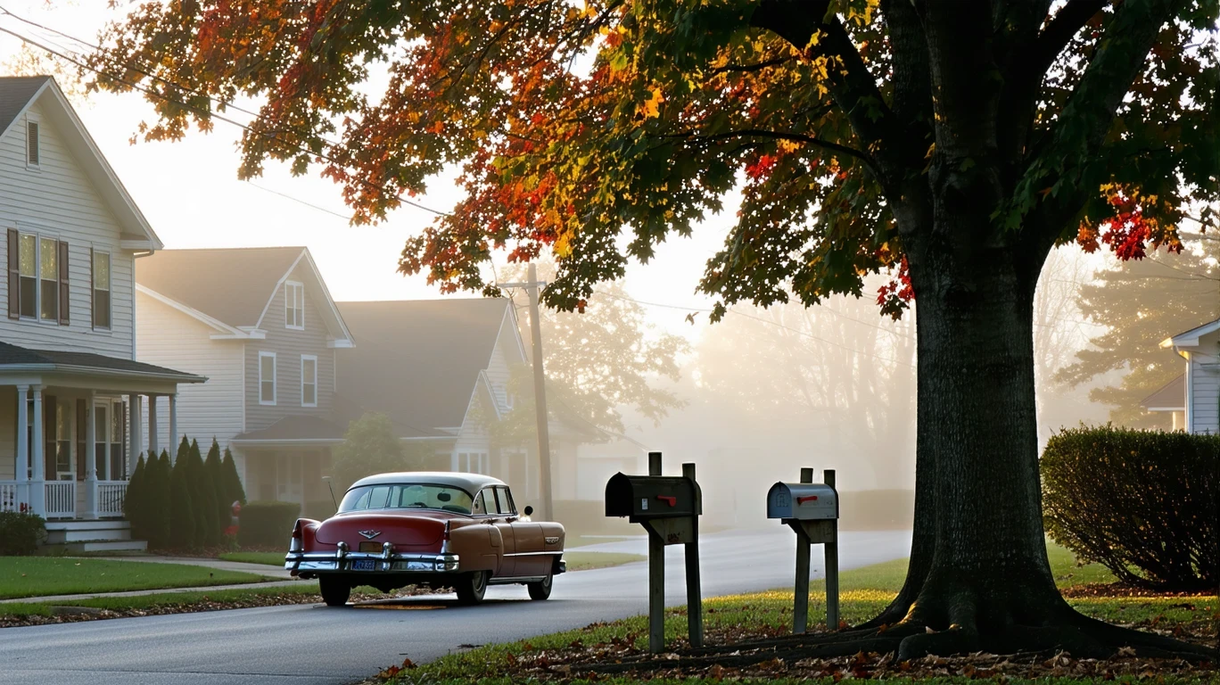 A misty suburban street in Morrisville, NC with an older sedan parked under a maple tree and mailboxes partly obscured by fog.