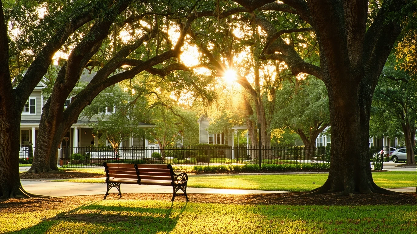A park with oak trees, empty benches, and golden afternoon light on the lawn.
