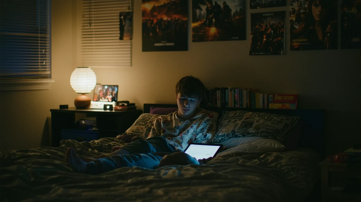 Teenager lounging in bed looking at tablet in ambient bedroom.