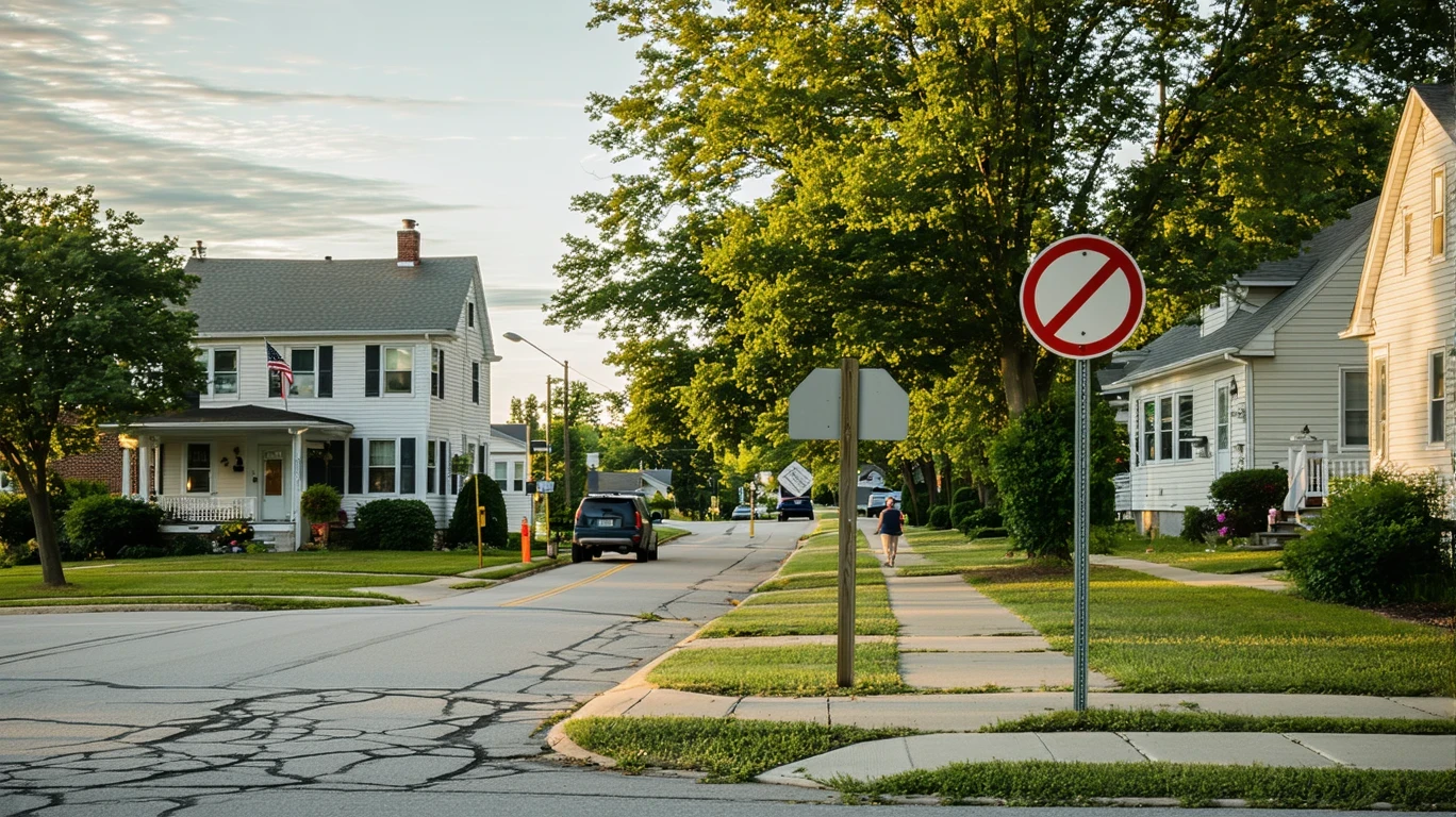 A bus stop sign on a sidewalk corner in a modest Morrisville neighborhood with houses and a person walking in the distance.