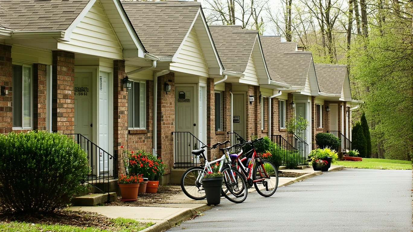 Apartment buildings with bicycles and potted plants by the doorways on a sunny day.