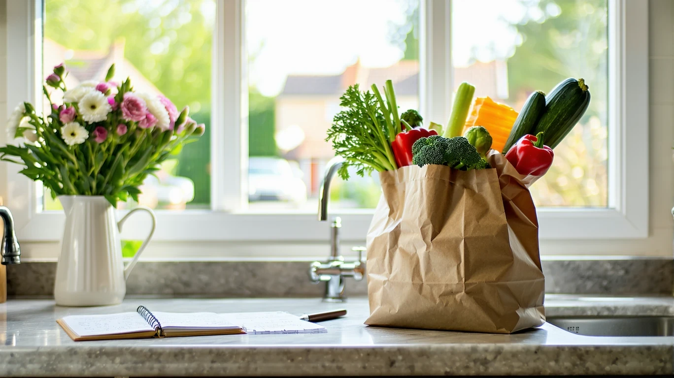 A grocery bag, shopping list, and receipts on a kitchen counter in a sunny home.