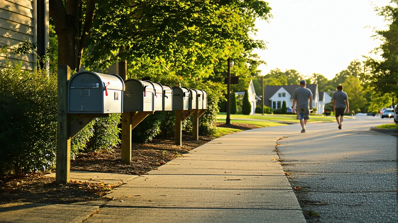 A curving suburban sidewalk lined with gray mailboxes on a sunny day in Morrisville, North Carolina.