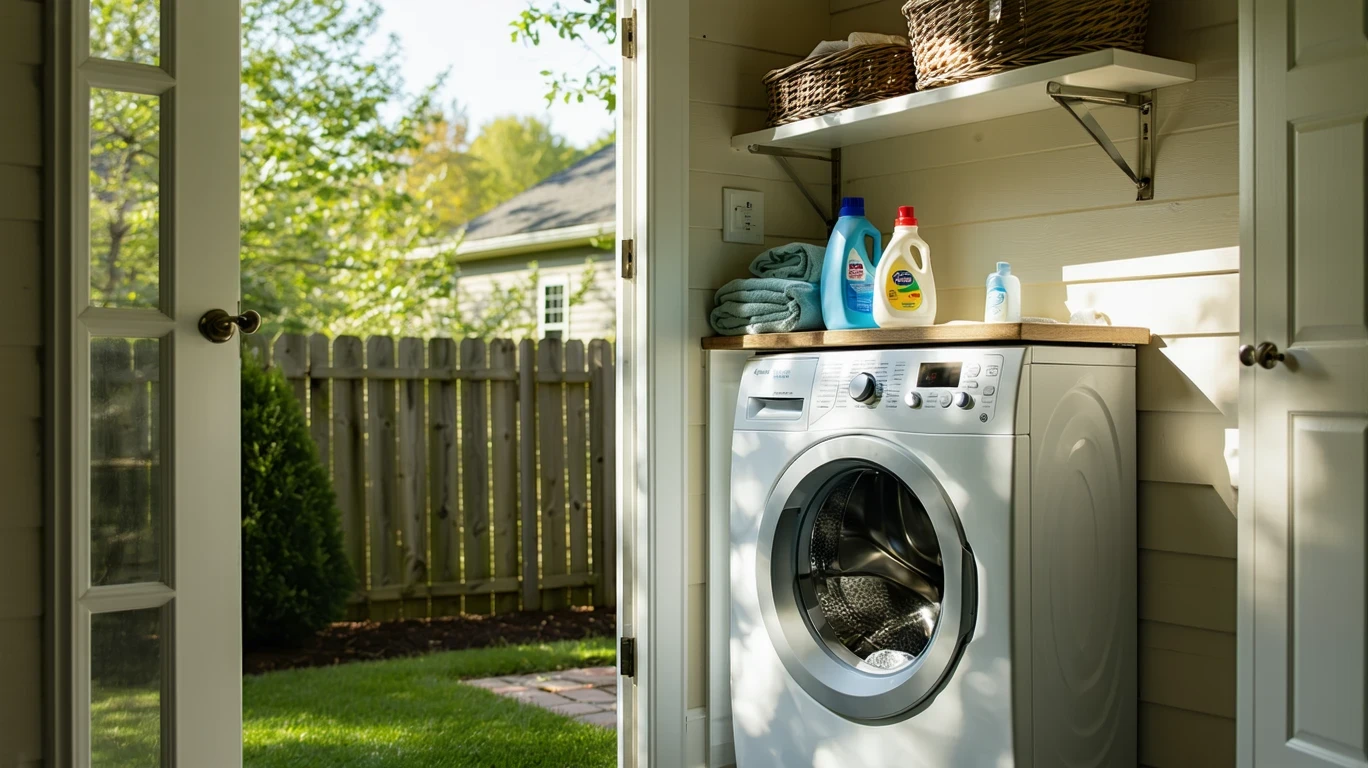 Top-loading washer mid-cycle in a laundry room, with detergent bottle on shelf.