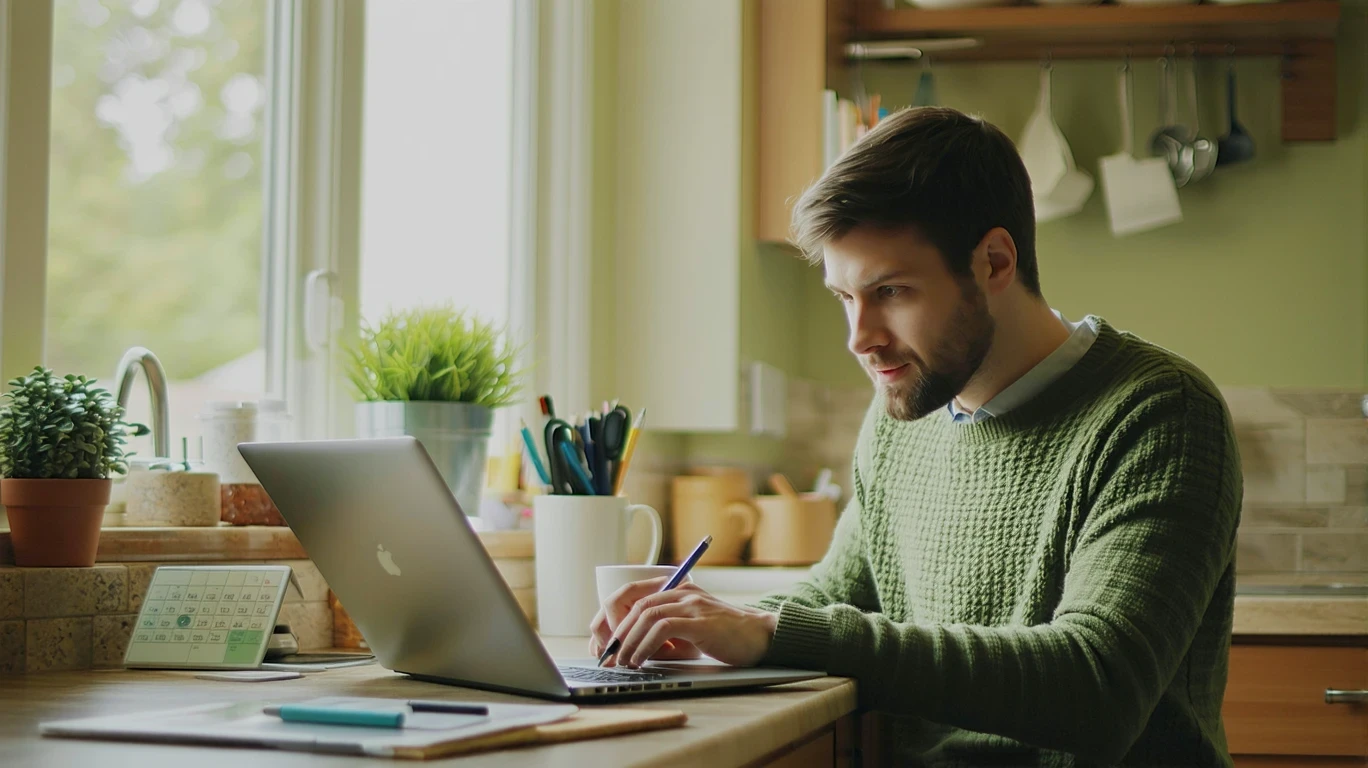 A single parent reviews their monthly household budget on a laptop at their kitchen counter in Morrisville, North Carolina.