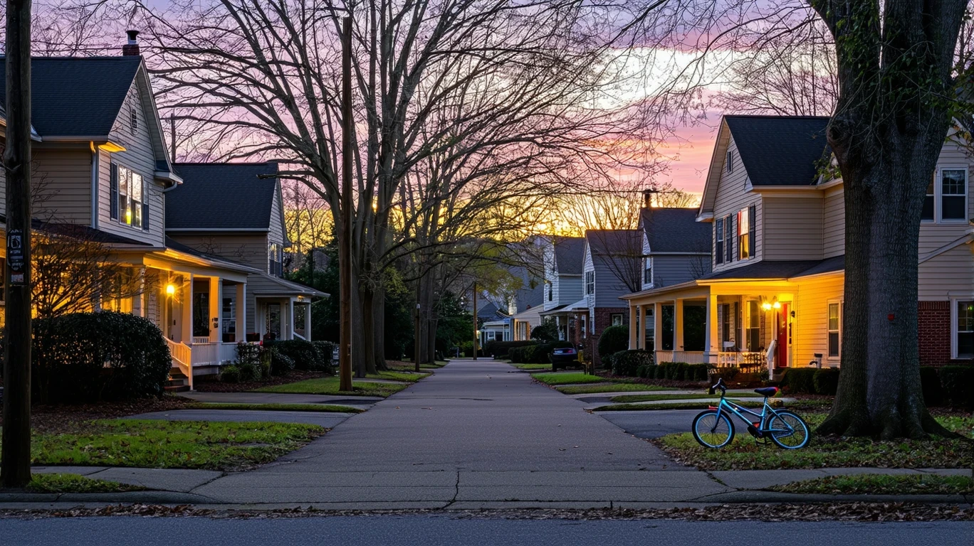 A small cul-de-sac in a suburban neighborhood at dusk, with porch lights on and a child's bicycle by the curb.