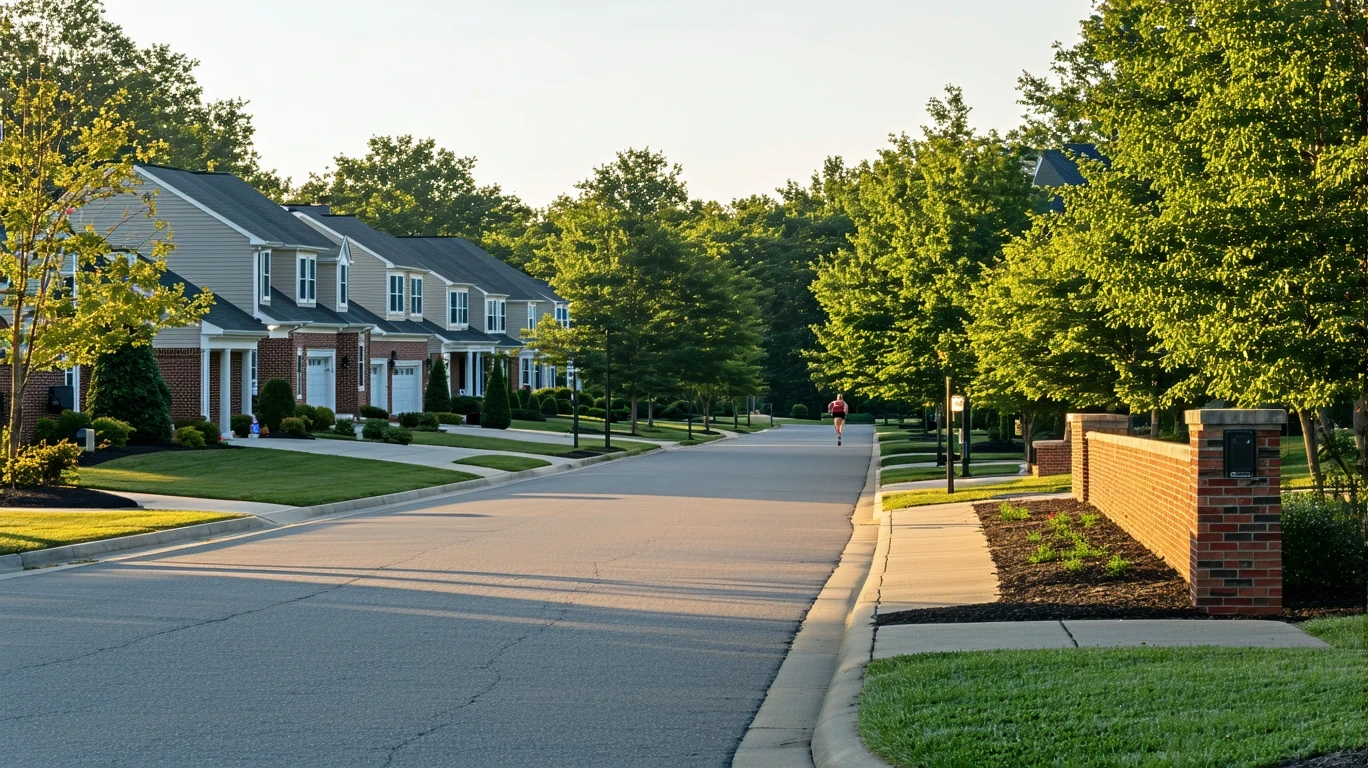 Quiet suburban cul-de-sac in Morrisville, NC with homes, trees, and a jogger in the distance.