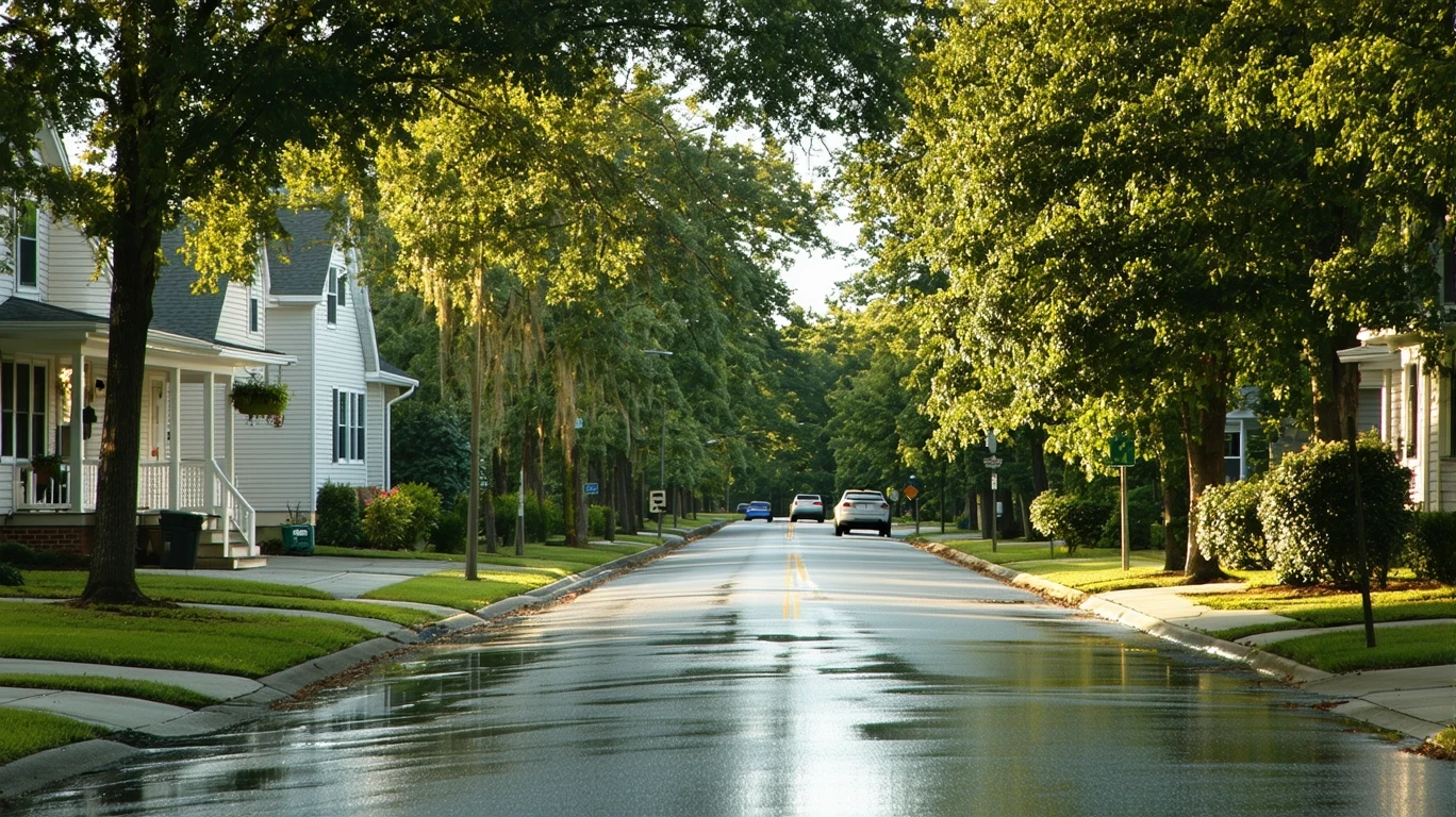 A suburban street in Mount Sterling, KY lined with palm trees and modest single-story homes on a warm afternoon after a brief rain shower.