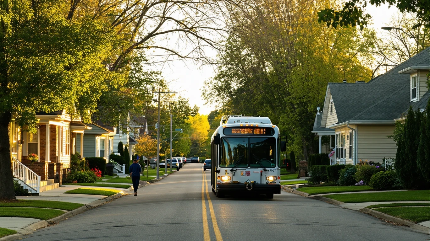 A city bus driving past single-story homes on a tree-lined suburban street in the afternoon.