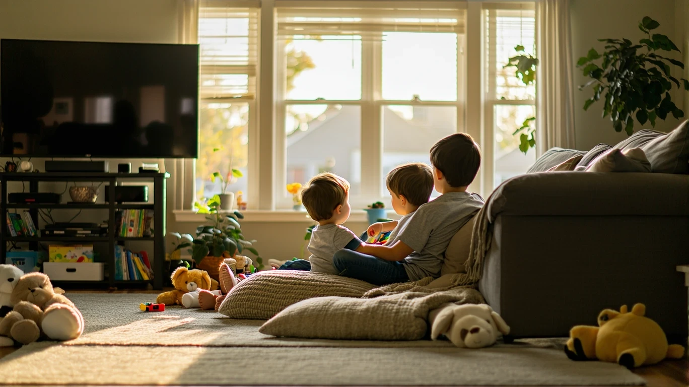 A family of three relaxing on the couch in their living room, watching TV together on a warm afternoon.
