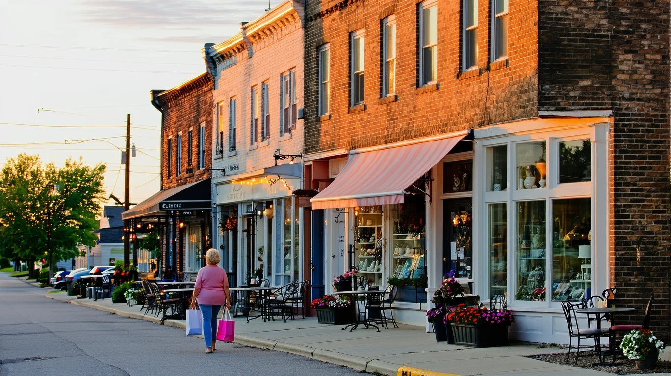 Quaint storefronts beside a neighborhood at dusk in a small Kentucky town, with a woman walking and admiring the shops.