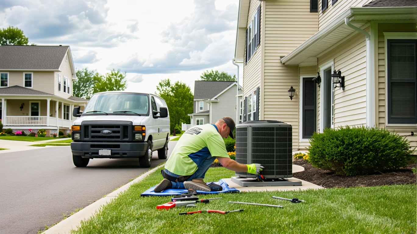 HVAC technician servicing outdoor AC unit in residential side yard on partly cloudy day.