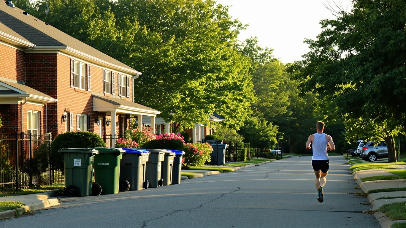 A tree-lined suburban street with red-brick homes and a jogger on the sidewalk.
