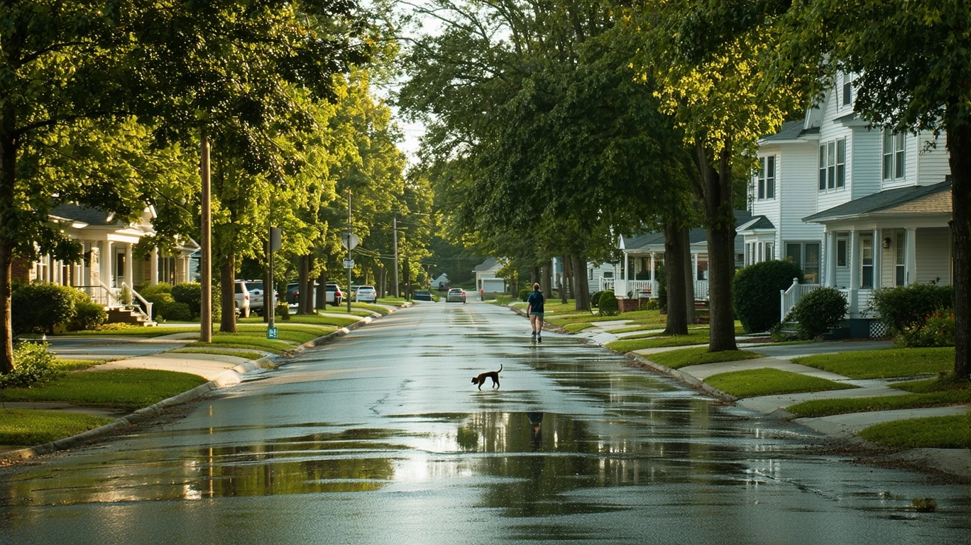 A tree-lined residential street in Mount Sterling, Kentucky with wet pavement and palm tree reflections after a rain shower.