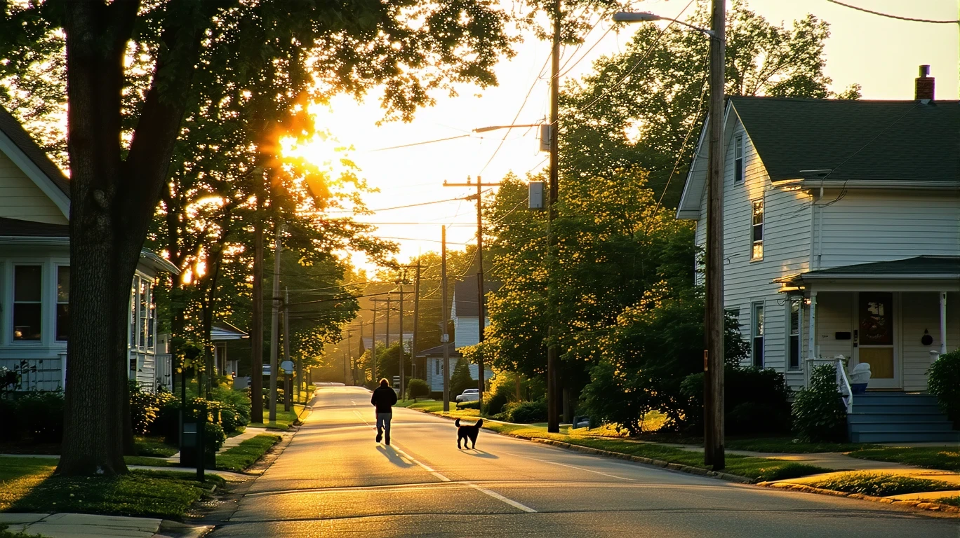 A quiet residential street in Mount Sterling, Kentucky with sunlight filtering through maple trees onto single-story homes and a person walking their dog.