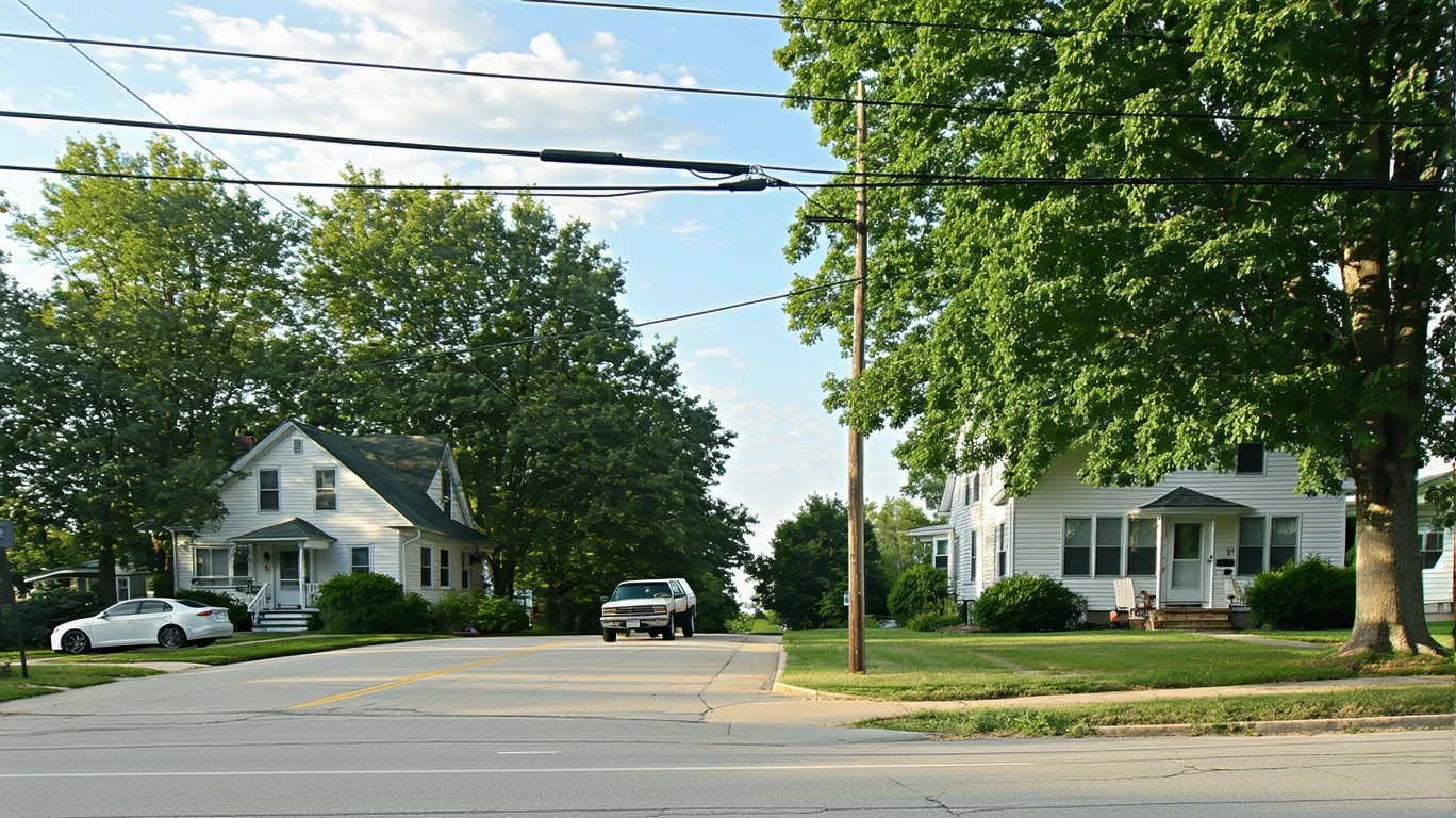A residential street corner in a small town with two single-story houses, patchy grass, and an older car parked on the street.